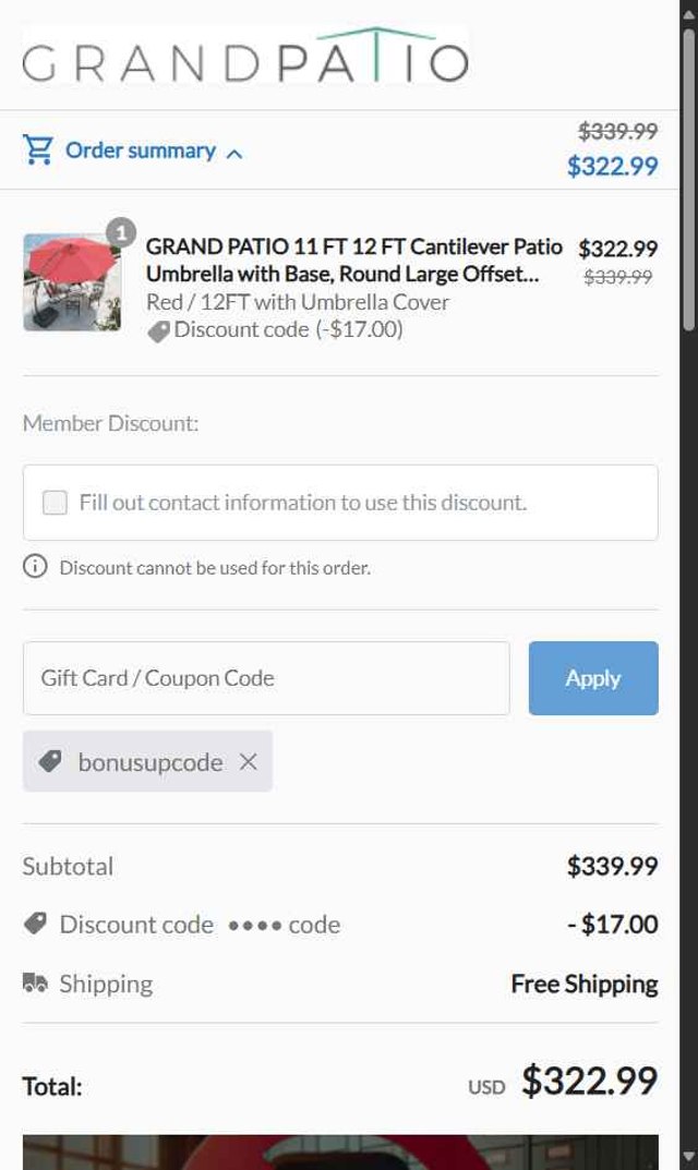Grand Patio checkout page showing Grand Patio coupon code box | Screenshot taken by SimplyCodes community member on Sep 3, 2025