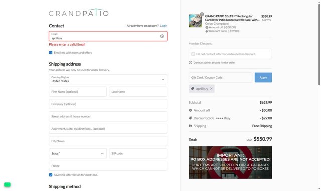 Grand Patio checkout page showing Grand Patio coupon code box | Screenshot taken by SimplyCodes community member on Sep 3, 2025