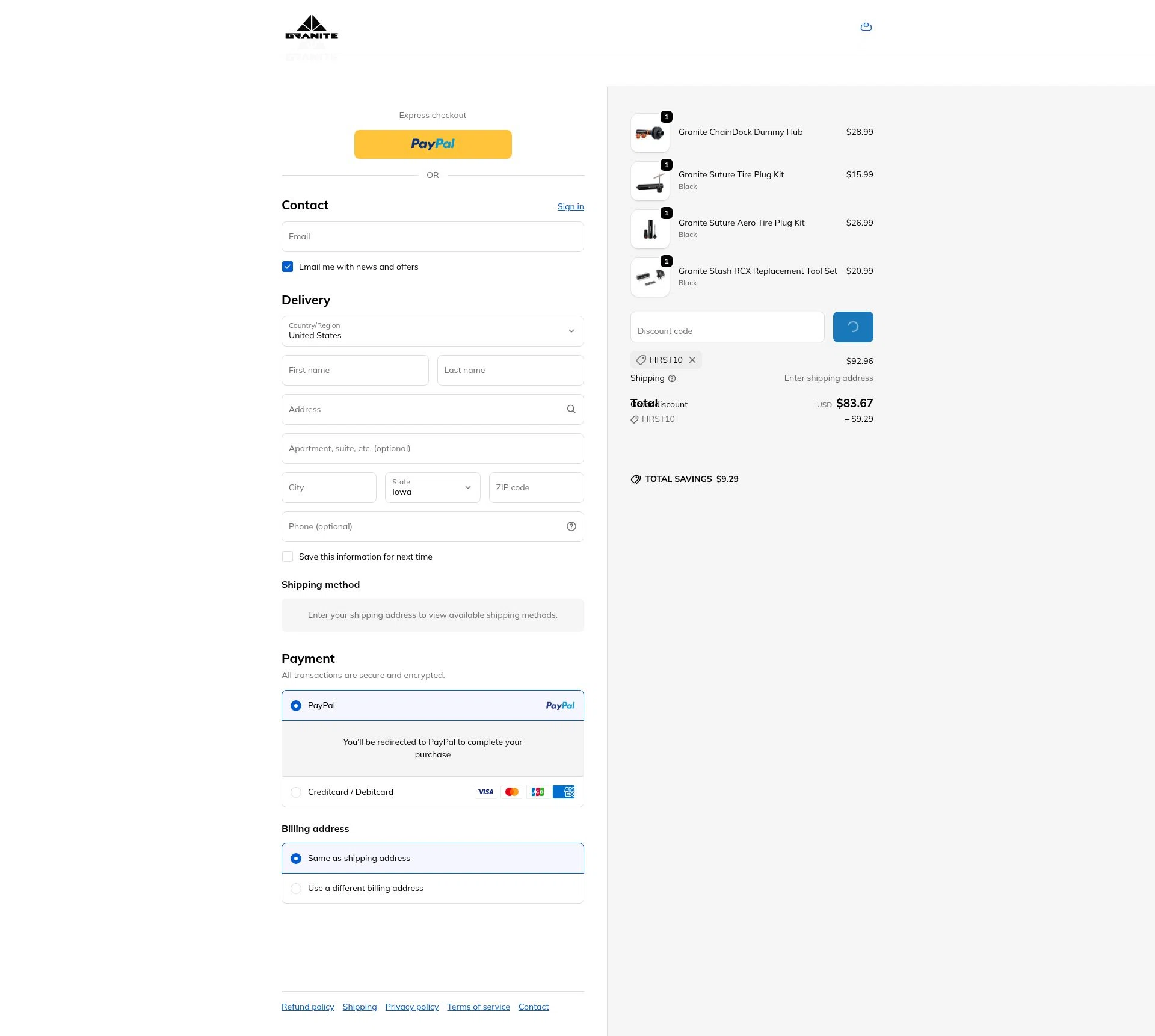 Granite checkout page showing Granite promo code box | Screenshot taken by SimplyCodes community member on Feb 4, 2026