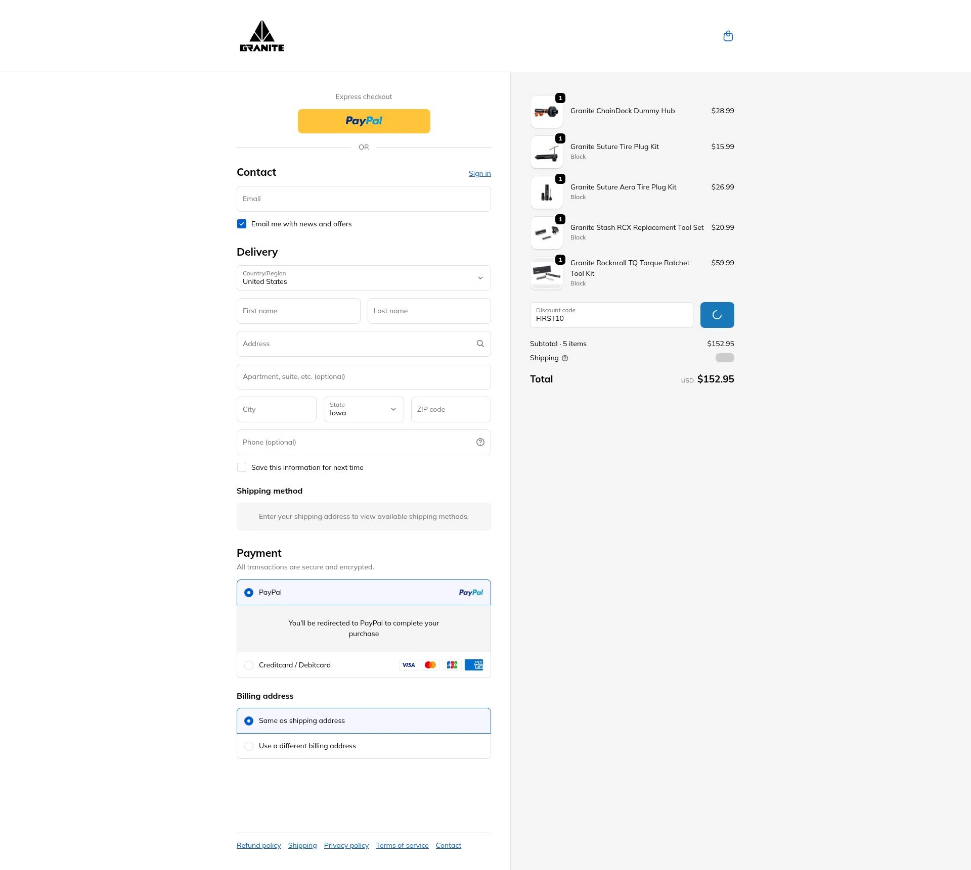 Granite checkout page showing Granite promo code box | Screenshot taken by SimplyCodes community member on Feb 17, 2026
