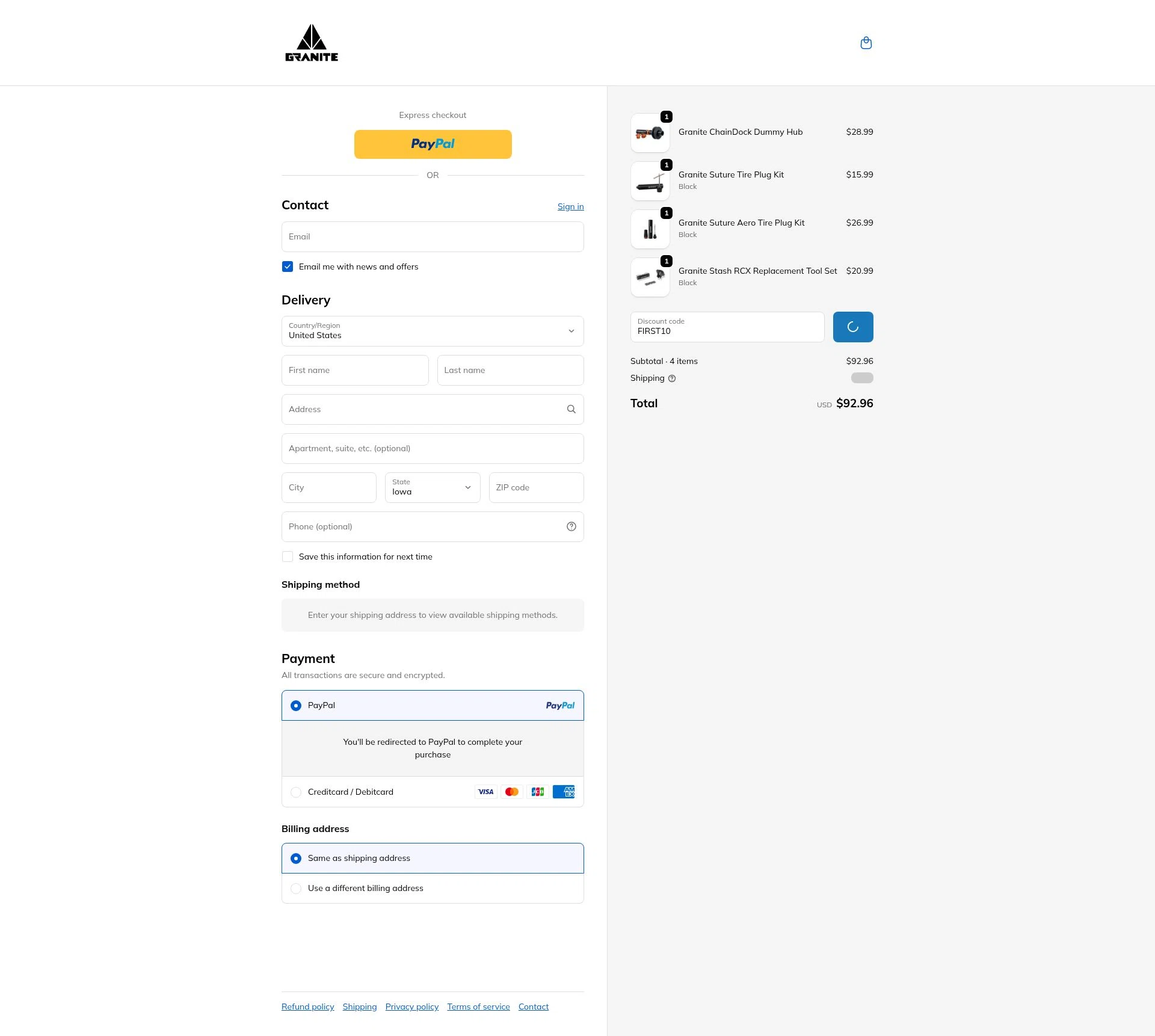 Granite checkout page showing Granite promo code box | Screenshot taken by SimplyCodes community member on Feb 13, 2026