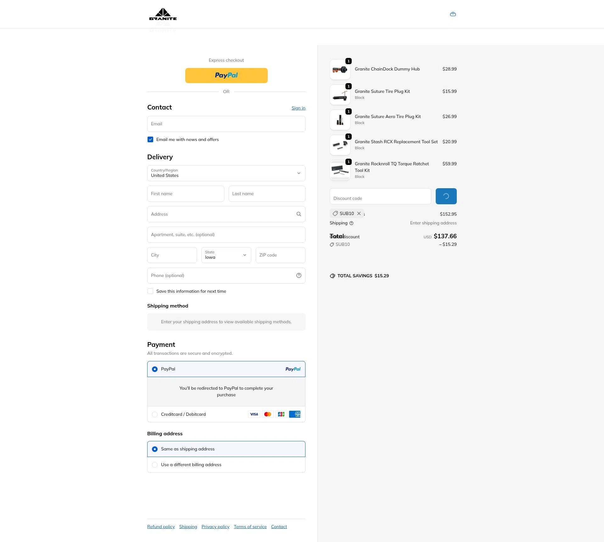 Granite checkout page showing Granite promo code box | Screenshot taken by SimplyCodes community member on Feb 17, 2026