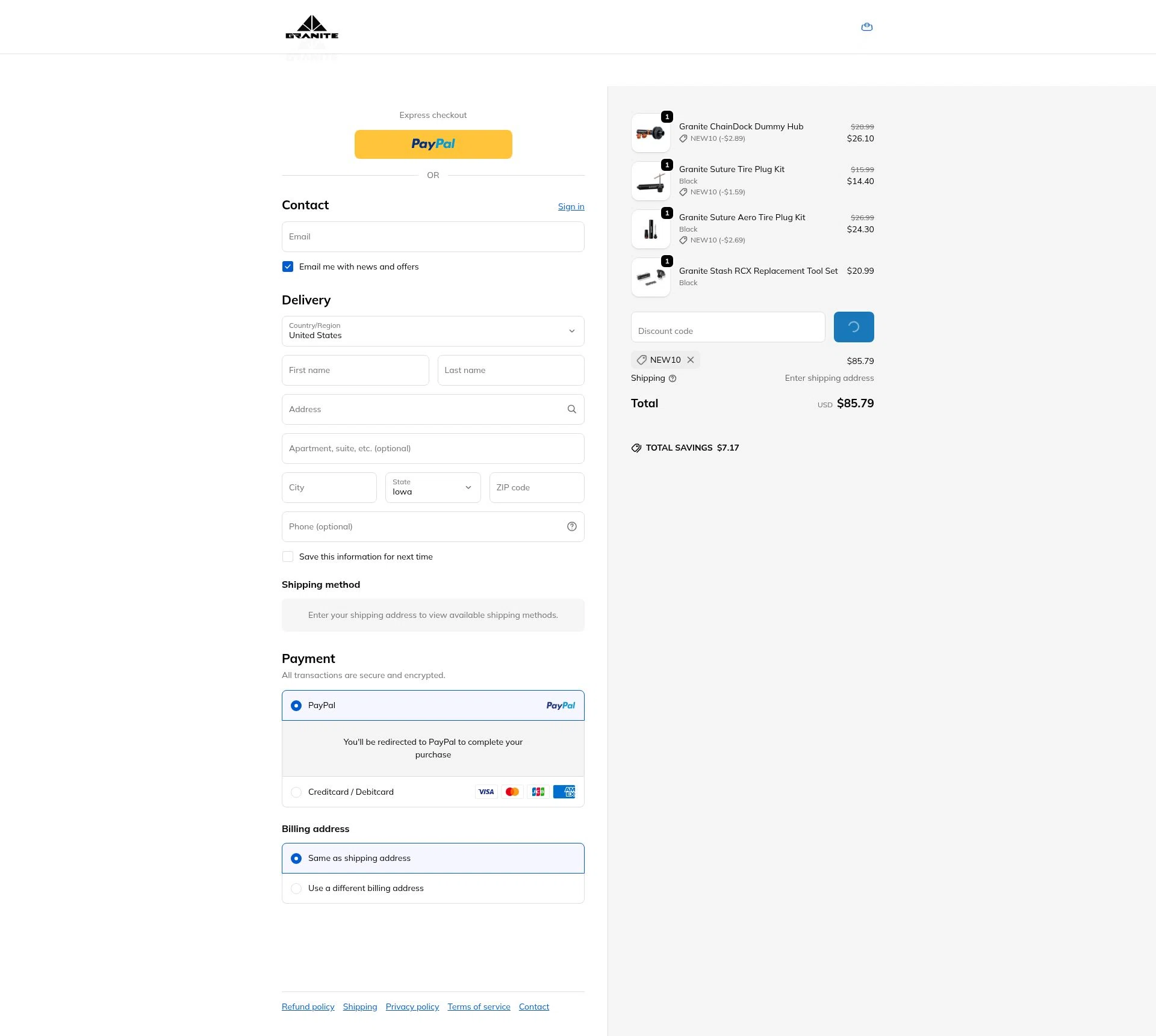 Granite checkout page showing Granite promo code box | Screenshot taken by SimplyCodes community member on Feb 8, 2026