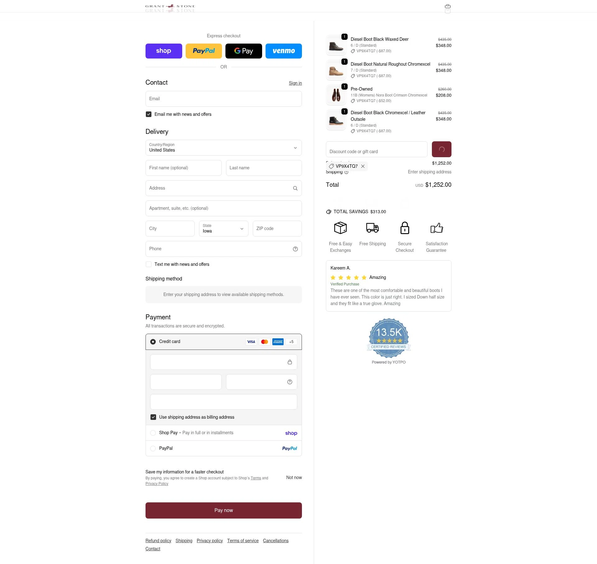 Grant Stone checkout page showing Grant Stone discount code box | Screenshot taken by SimplyCodes community member on Feb 17, 2026
