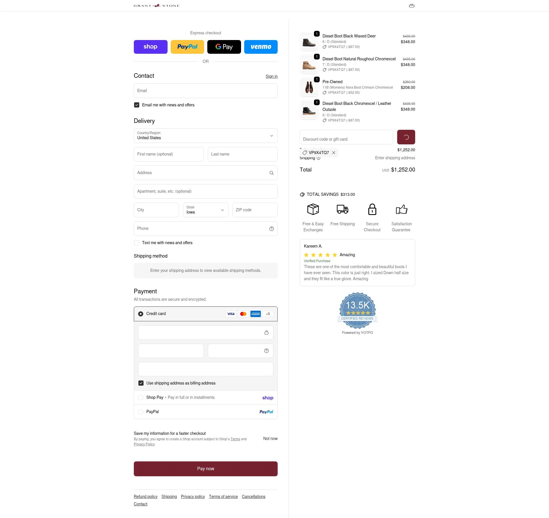 Grant Stone checkout page showing Grant Stone discount code box | Screenshot taken by SimplyCodes community member on Feb 16, 2026