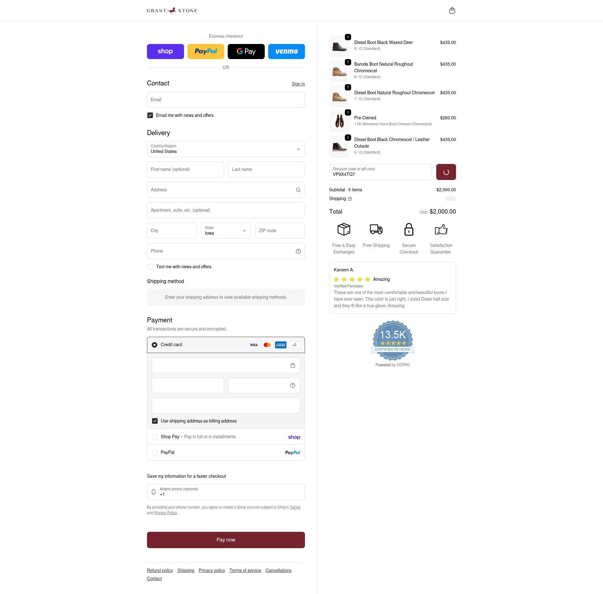 Grant Stone checkout page showing Grant Stone discount code box | Screenshot taken by SimplyCodes community member on Feb 11, 2026