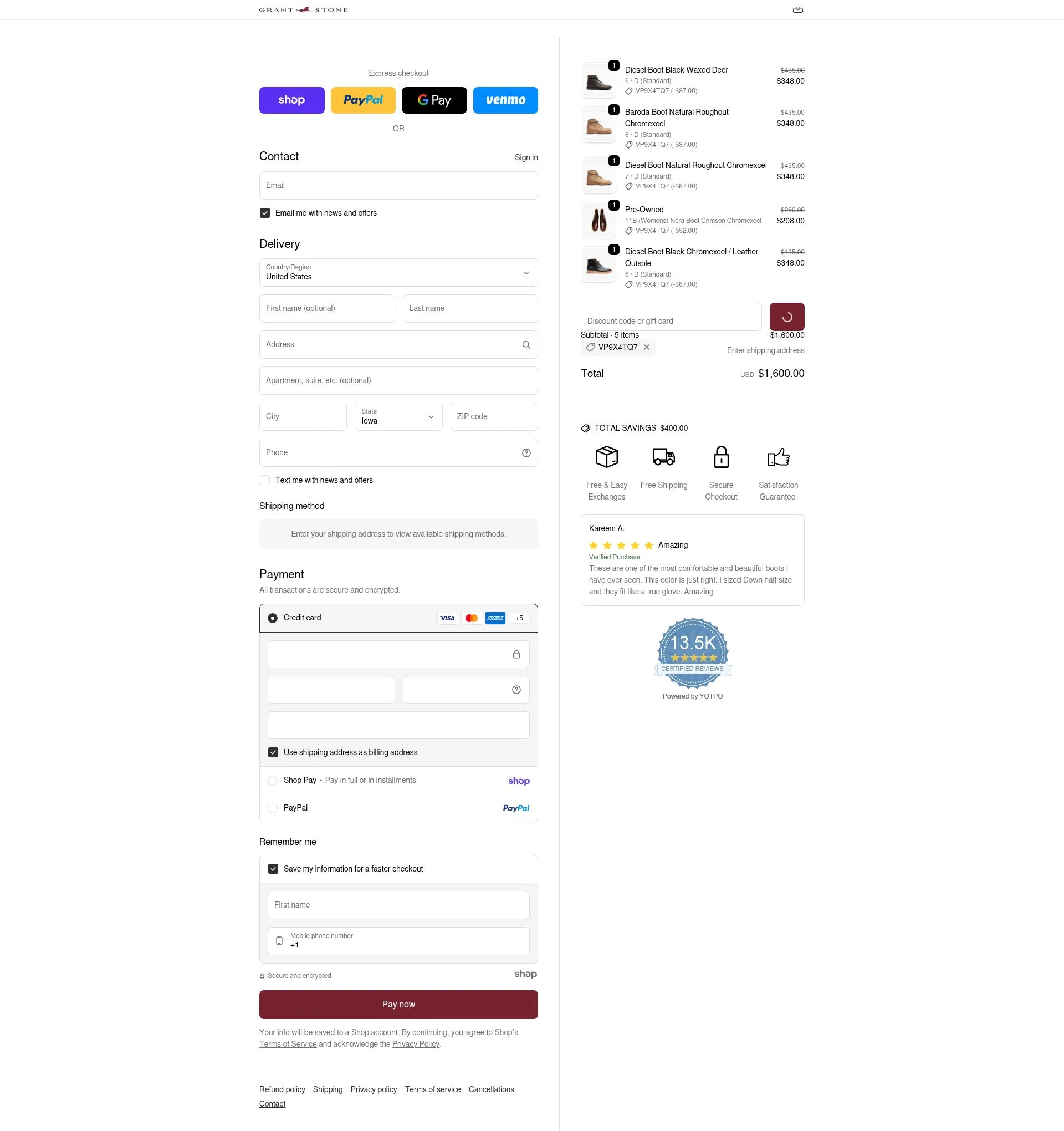 Grant Stone checkout page showing Grant Stone discount code box | Screenshot taken by SimplyCodes community member on Jan 21, 2026