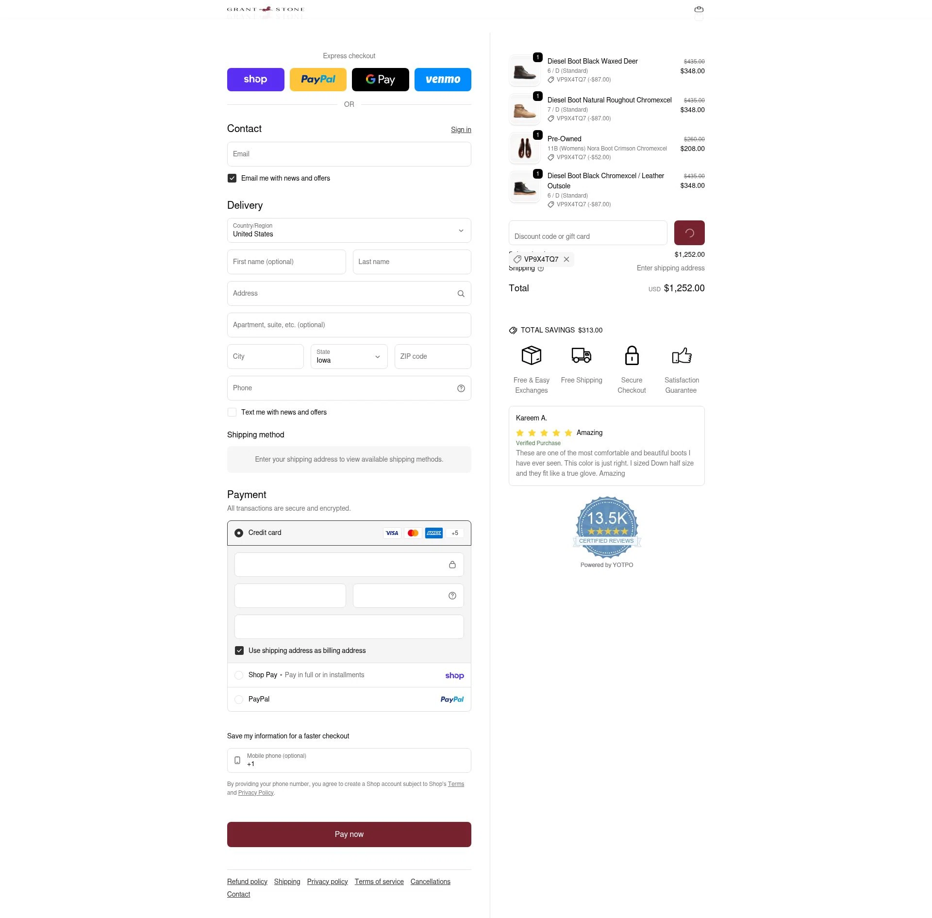 Grant Stone checkout page showing Grant Stone discount code box | Screenshot taken by SimplyCodes community member on Jan 30, 2026