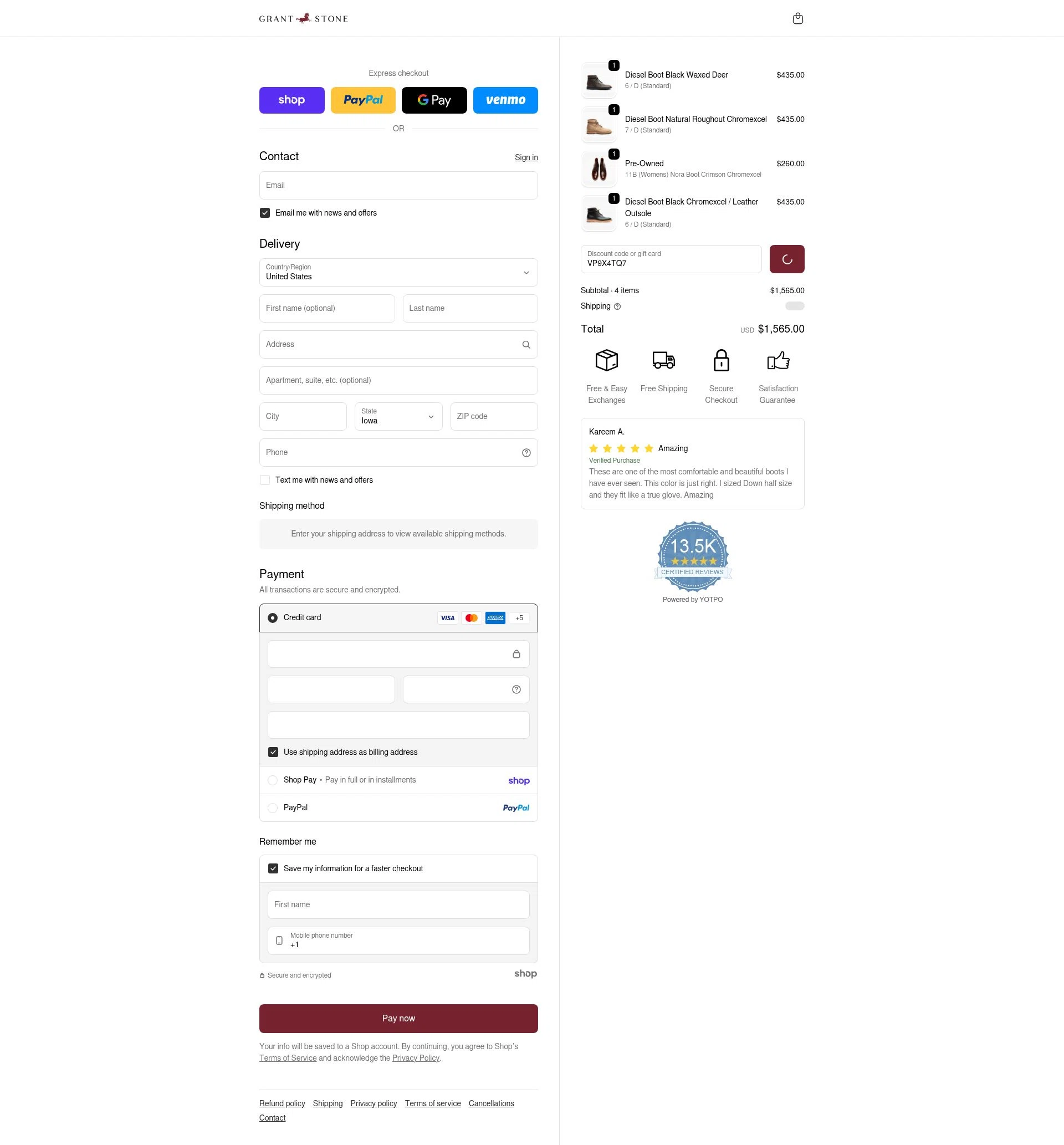 Grant Stone checkout page showing Grant Stone discount code box | Screenshot taken by SimplyCodes community member on Jan 26, 2026