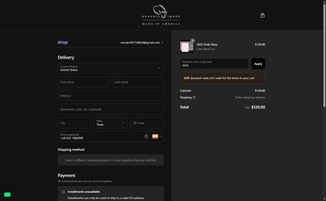 Graphic Image checkout page showing Graphic Image discount code box | Screenshot taken by SimplyCodes community member on Sep 6, 2025