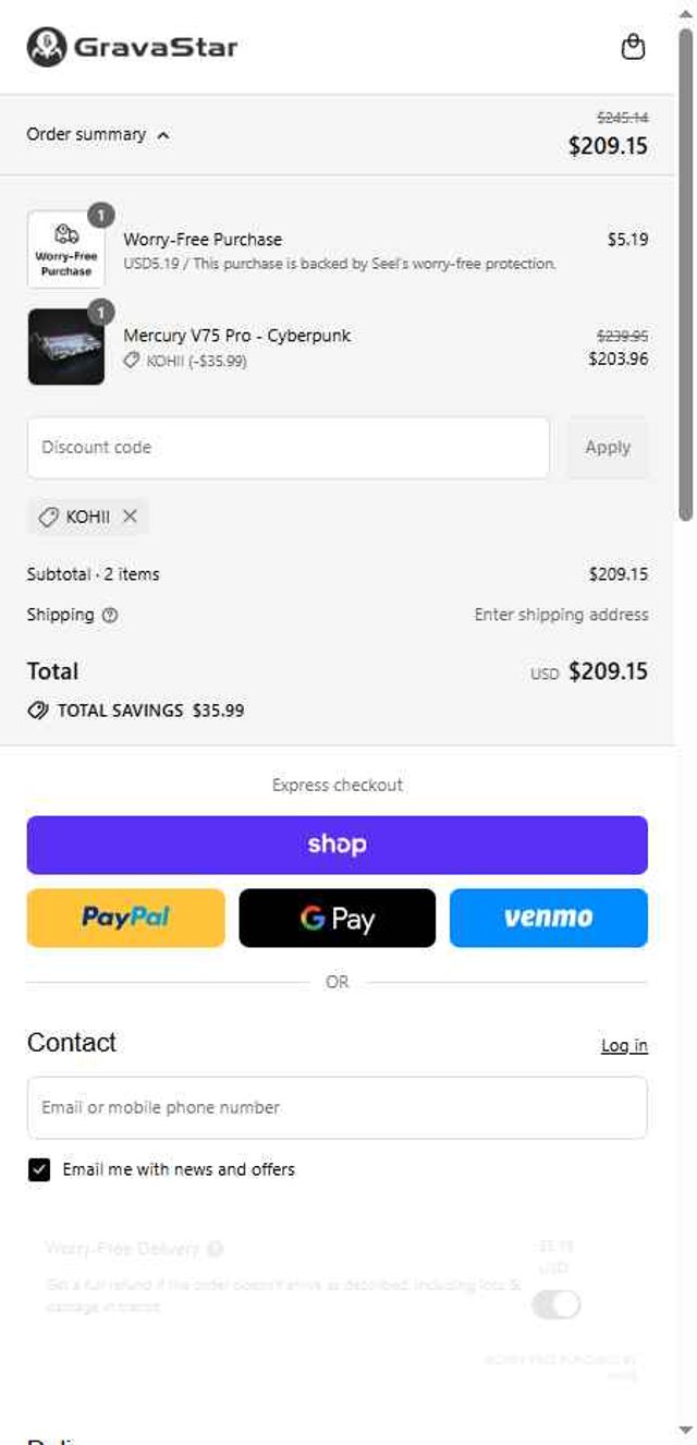 GravaStar checkout page showing GravaStar discount code box | Screenshot taken by SimplyCodes community member on Sep 6, 2025