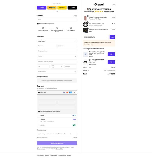 Gravel checkout page showing Gravel discount code box | Screenshot taken by SimplyCodes community member on Sep 12, 2025