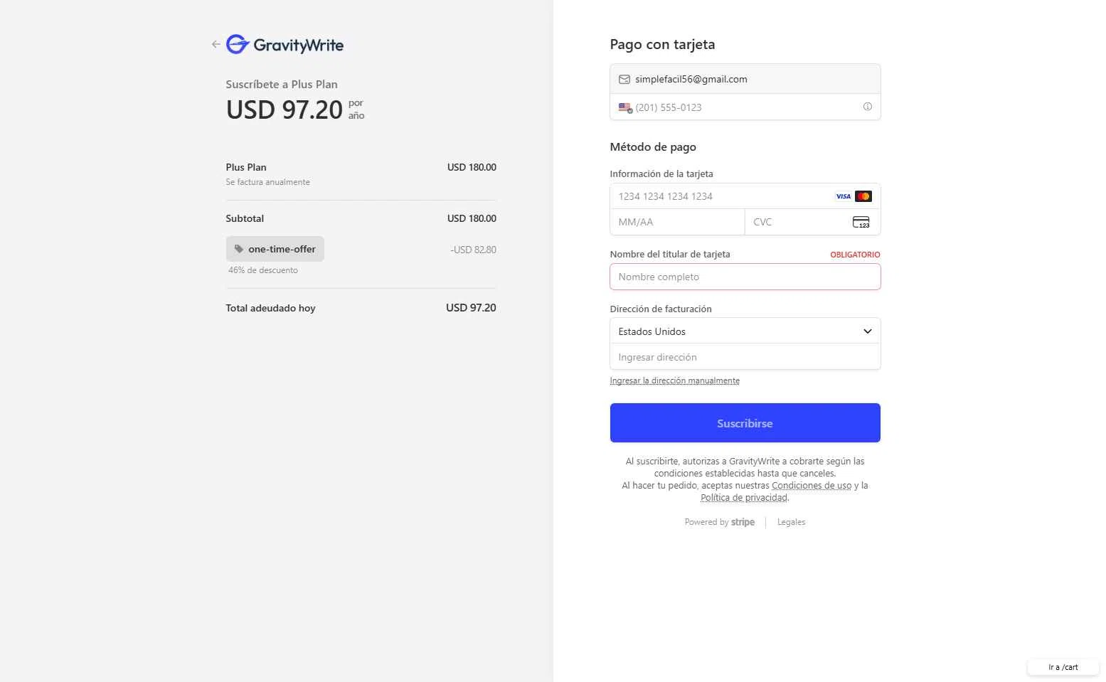 GravityWrite checkout page showing GravityWrite coupon code box | Screenshot taken by SimplyCodes community member on Oct 17, 2025