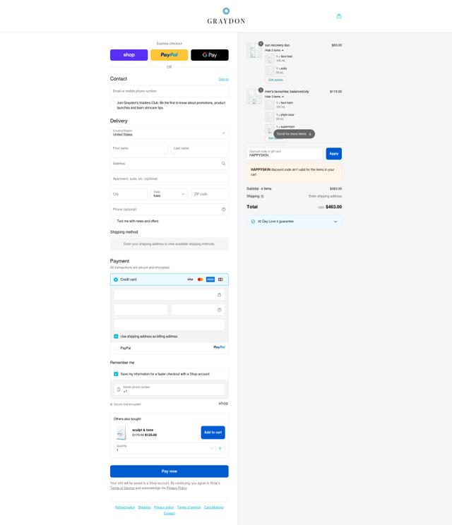 Graydon Skincare checkout page showing Graydon Skincare discount code box | Screenshot taken by SimplyCodes community member on Sep 12, 2025