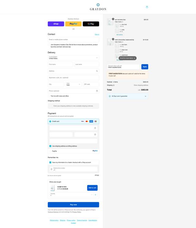 Graydon Skincare checkout page showing Graydon Skincare discount code box | Screenshot taken by SimplyCodes community member on Sep 12, 2025