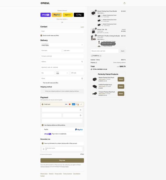 GRAYL checkout page showing GRAYL discount code box | Screenshot taken by SimplyCodes community member on Aug 10, 2025