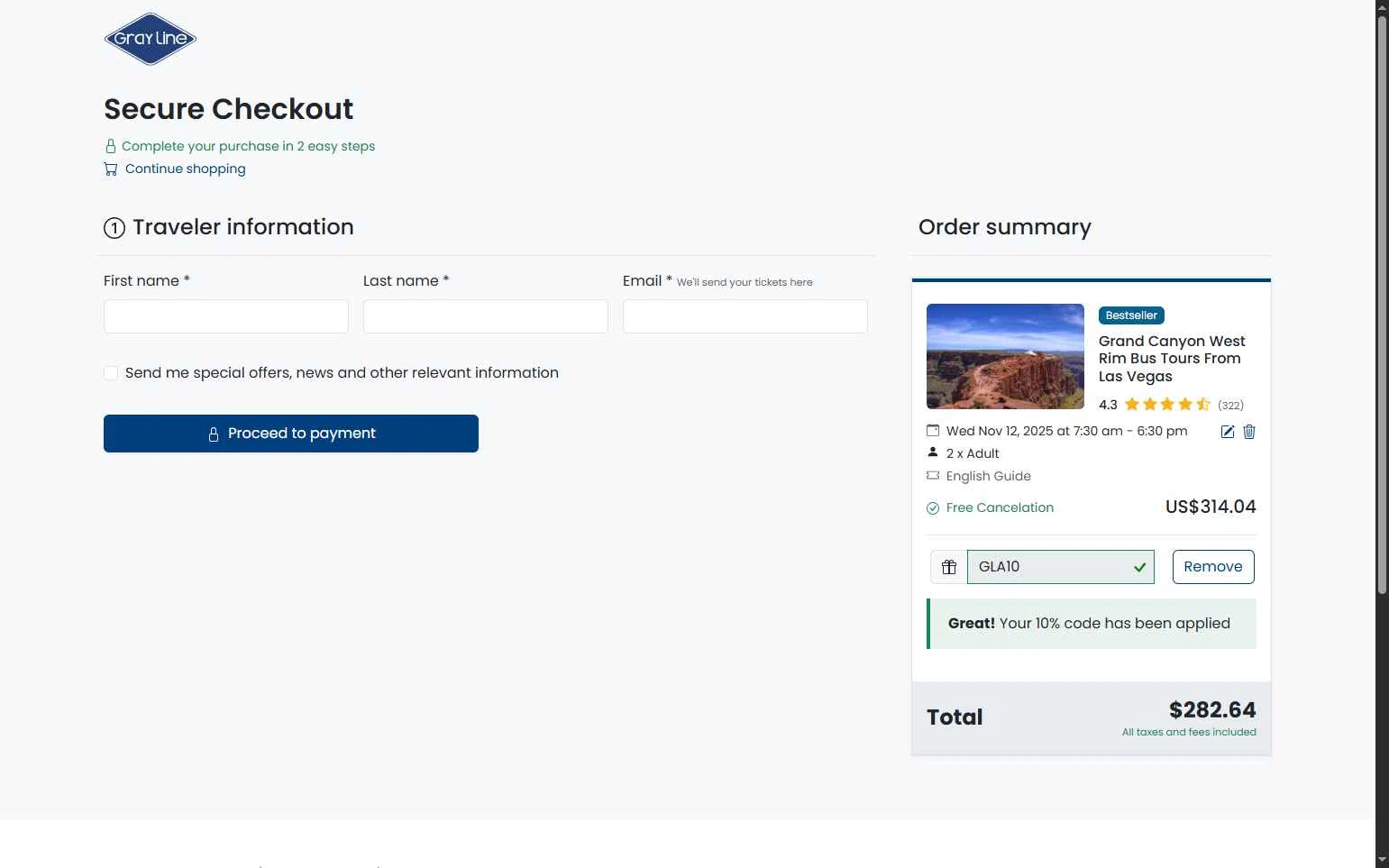 Gray Line checkout page showing Gray Line promo code box | Screenshot taken by SimplyCodes community member on Nov 5, 2025