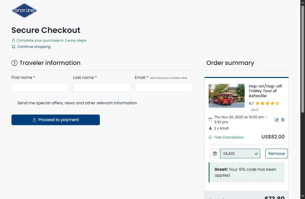 Gray Line checkout page showing Gray Line promo code box | Screenshot taken by SimplyCodes community member on Nov 5, 2025