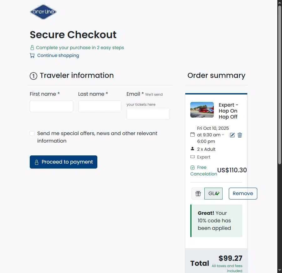 Gray Line checkout page showing Gray Line promo code box | Screenshot taken by SimplyCodes community member on Oct 1, 2025