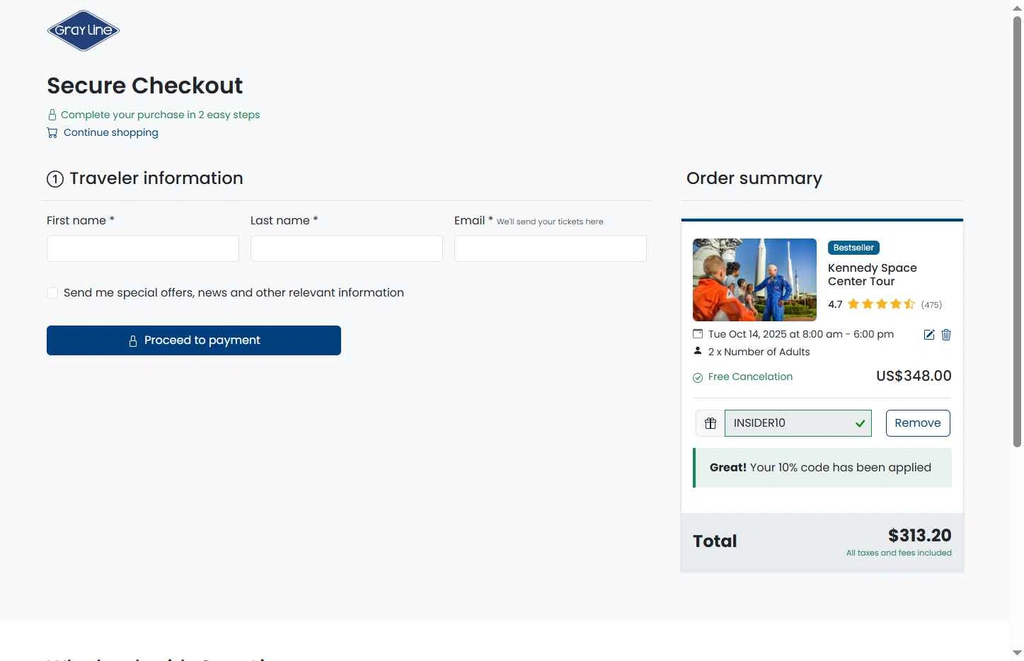 Gray Line checkout page showing Gray Line promo code box | Screenshot taken by SimplyCodes community member on Oct 12, 2025