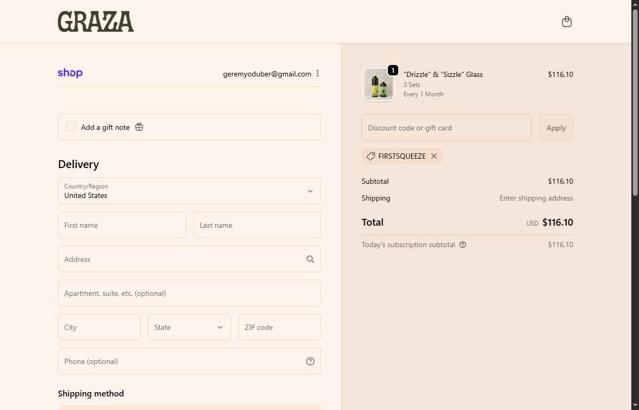 Graza checkout page showing Graza discount code box | Screenshot taken by SimplyCodes community member on Sep 27, 2025