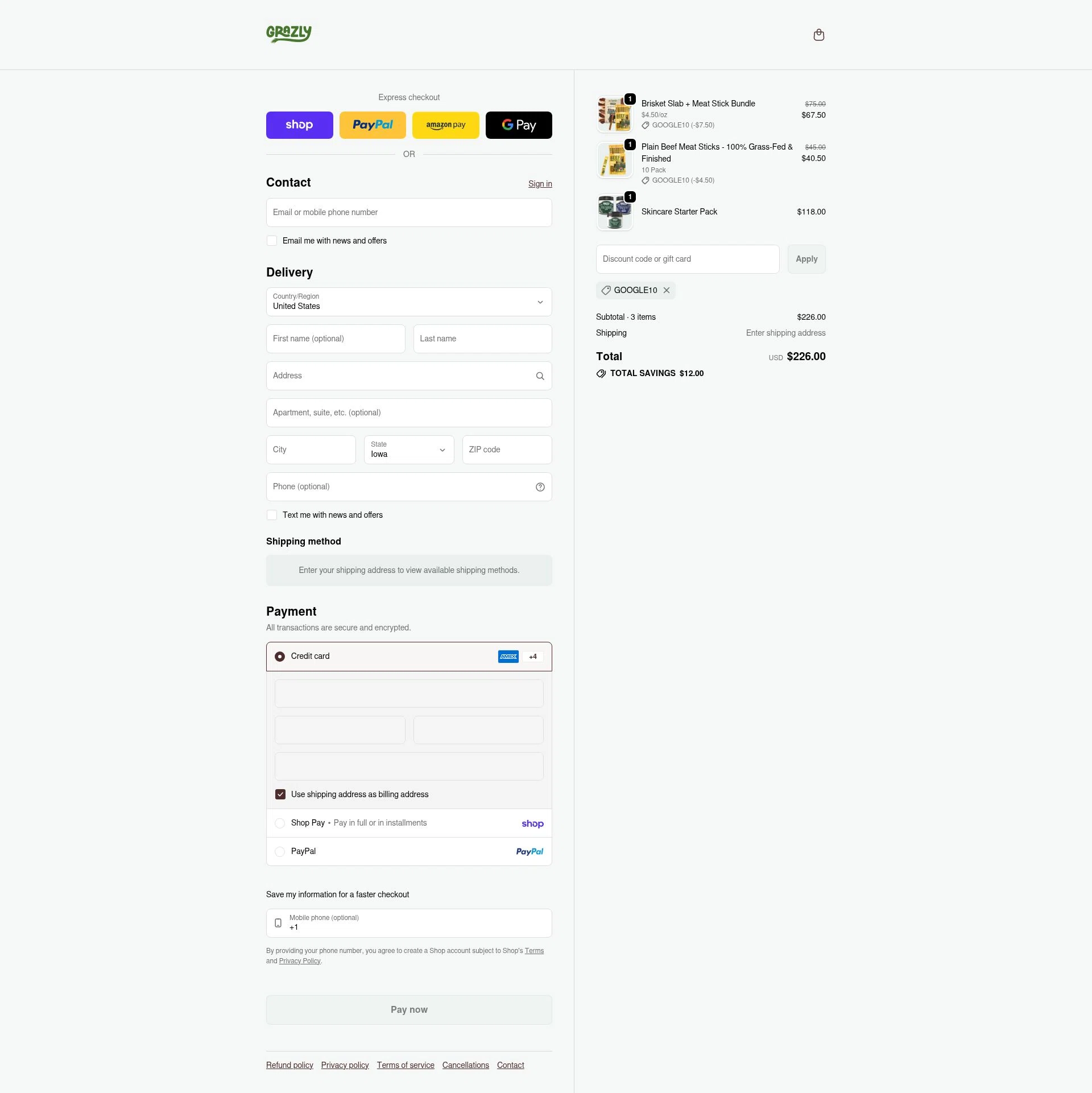 Grazly checkout page showing Grazly discount code box | Screenshot taken by SimplyCodes community member on Feb 6, 2026