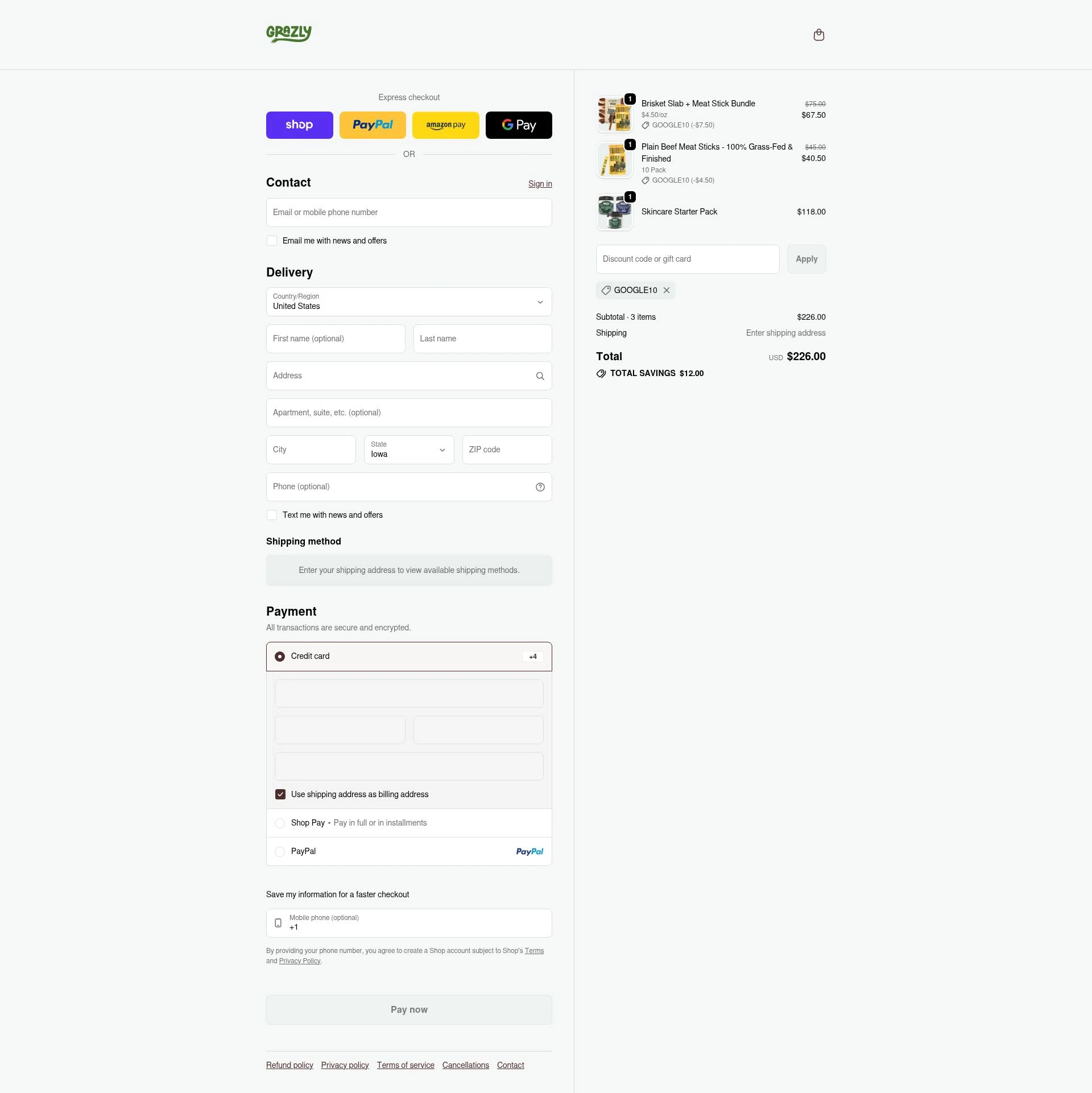 Grazly checkout page showing Grazly discount code box | Screenshot taken by SimplyCodes community member on Feb 1, 2026
