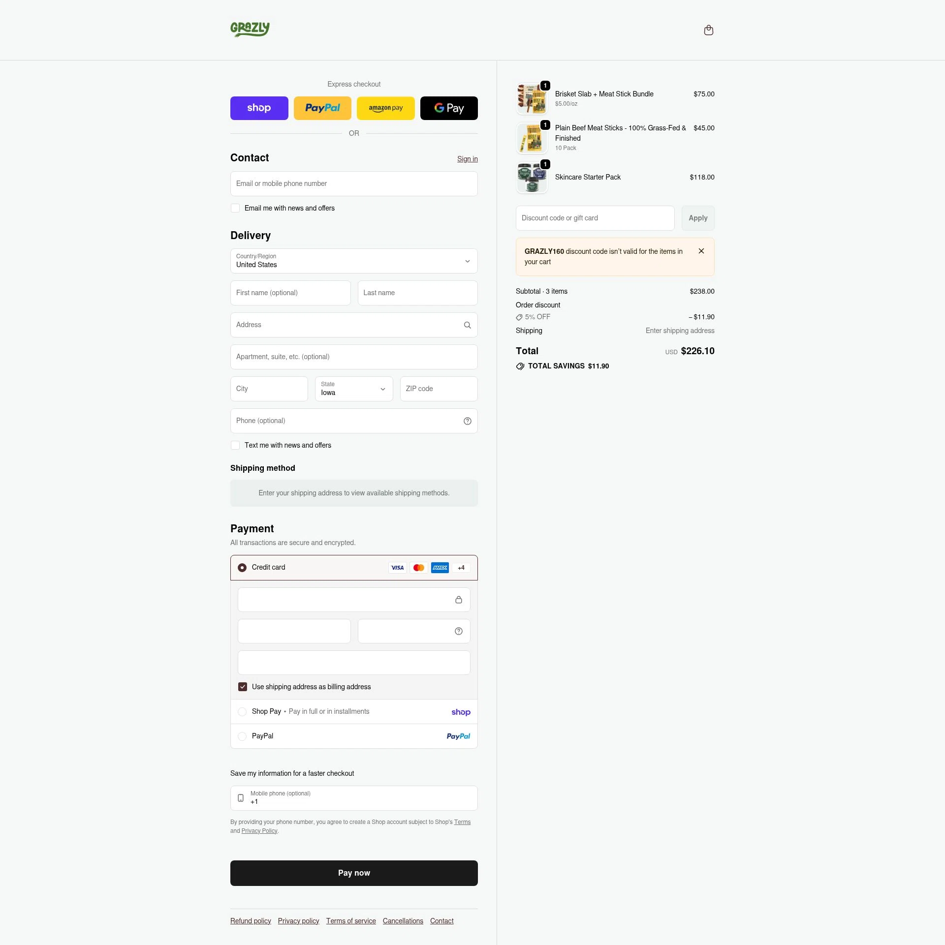 Grazly checkout page showing Grazly discount code box | Screenshot taken by SimplyCodes community member on Feb 6, 2026