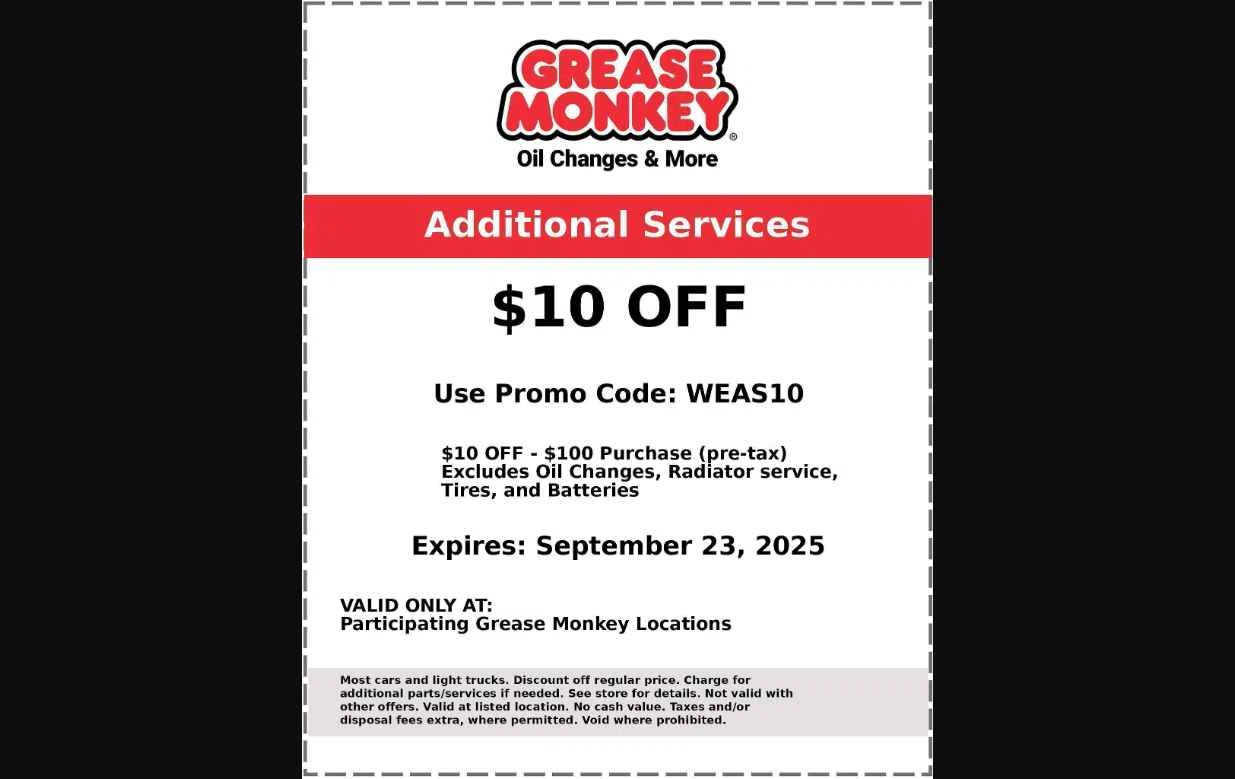 Grease Monkey Auto checkout page showing Grease Monkey Auto promo code box | Screenshot taken by SimplyCodes community member on Sep 9, 2025