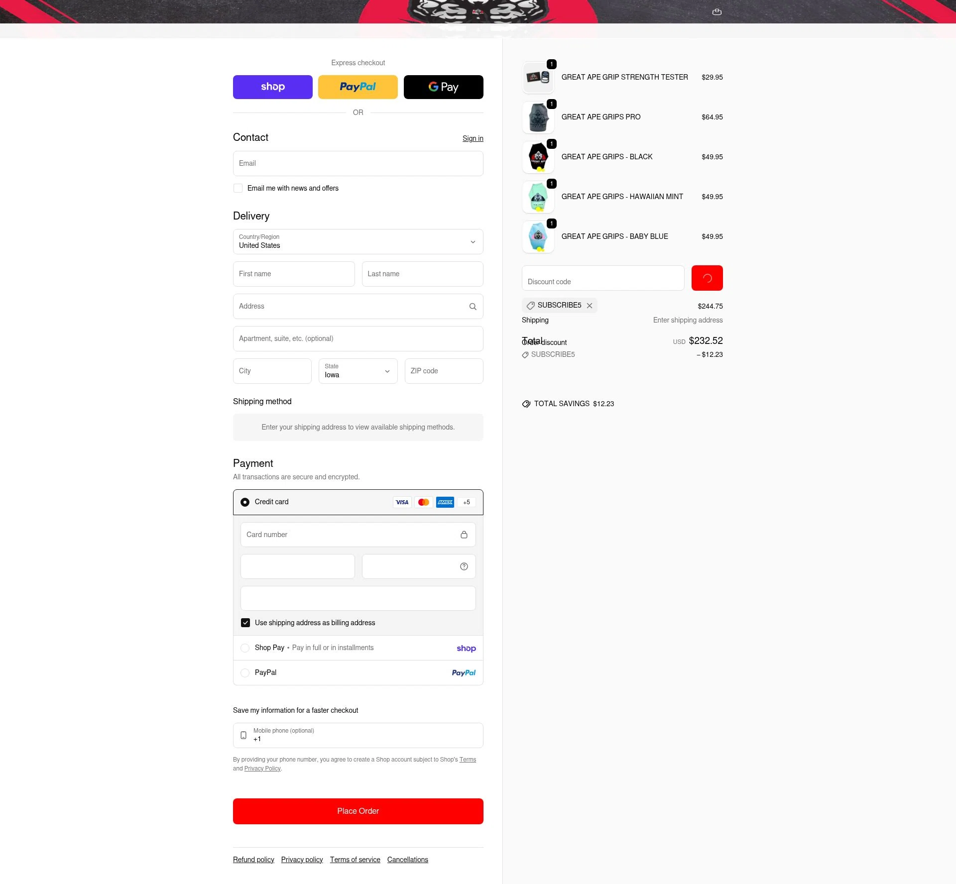 Great Ape Grips checkout page showing Great Ape Grips discount code box | Screenshot taken by SimplyCodes community member on Feb 2, 2026