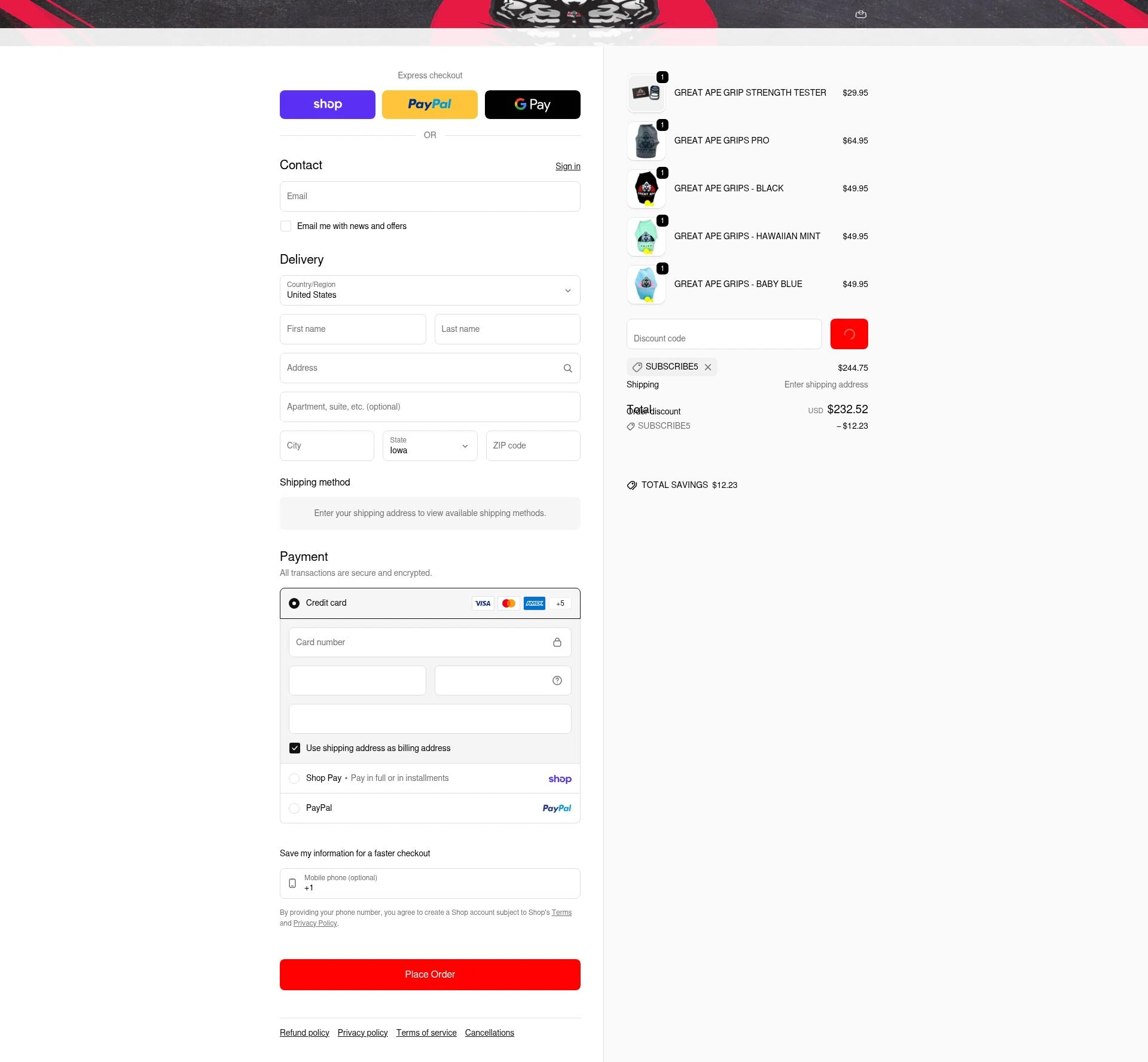 Great Ape Grips checkout page showing Great Ape Grips discount code box | Screenshot taken by SimplyCodes community member on Feb 10, 2026