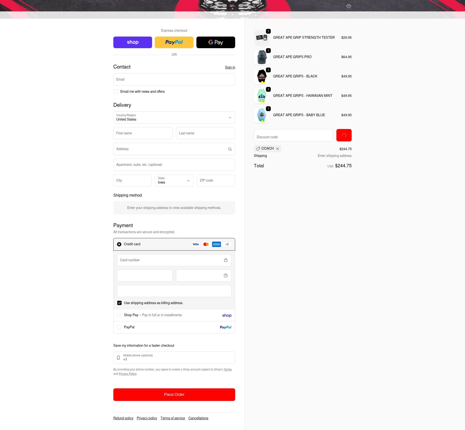 Great Ape Grips checkout page showing Great Ape Grips discount code box | Screenshot taken by SimplyCodes community member on Feb 6, 2026