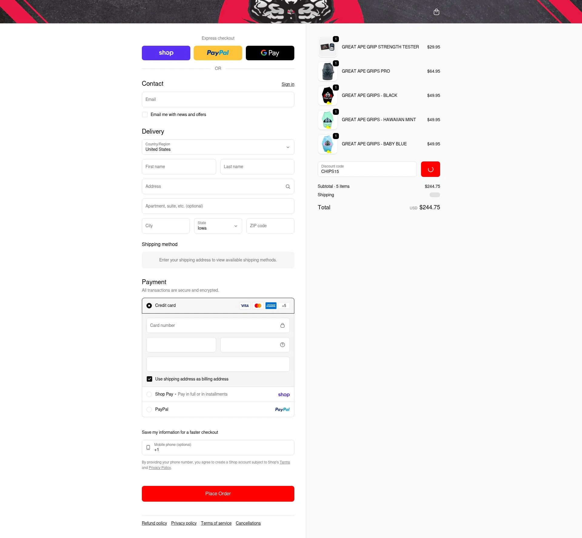 Great Ape Grips checkout page showing Great Ape Grips discount code box | Screenshot taken by SimplyCodes community member on Feb 10, 2026