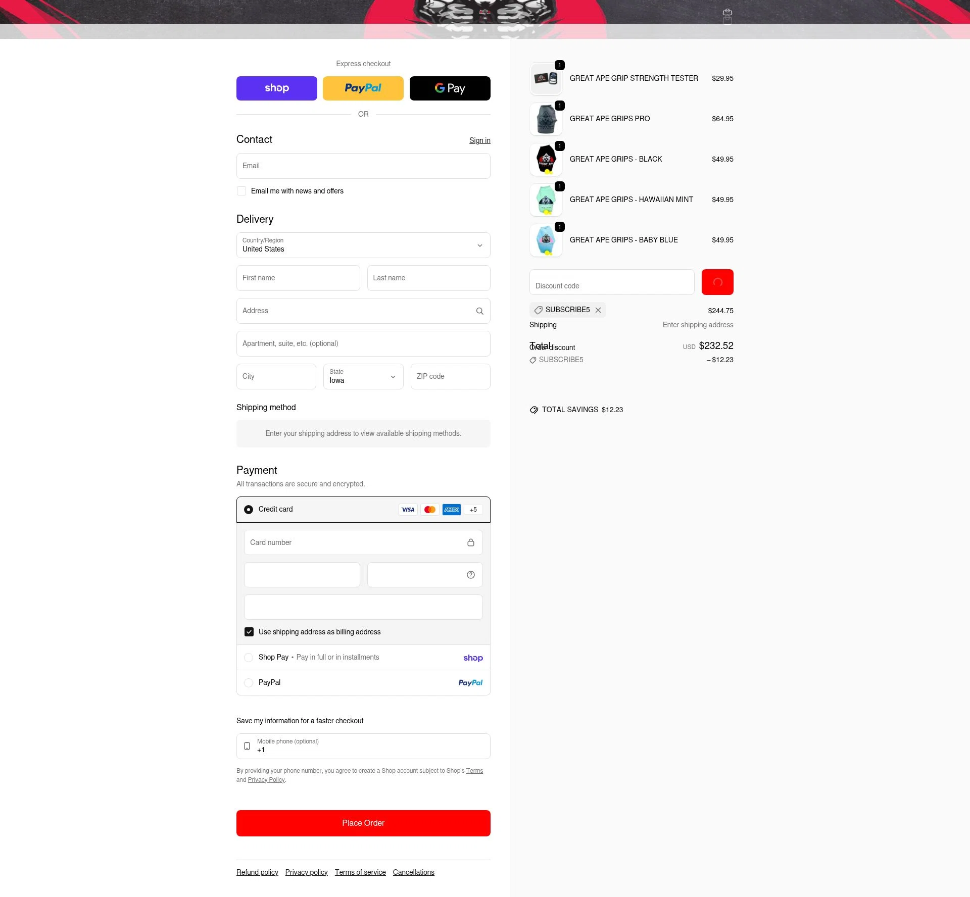 Great Ape Grips checkout page showing Great Ape Grips discount code box | Screenshot taken by SimplyCodes community member on Feb 6, 2026