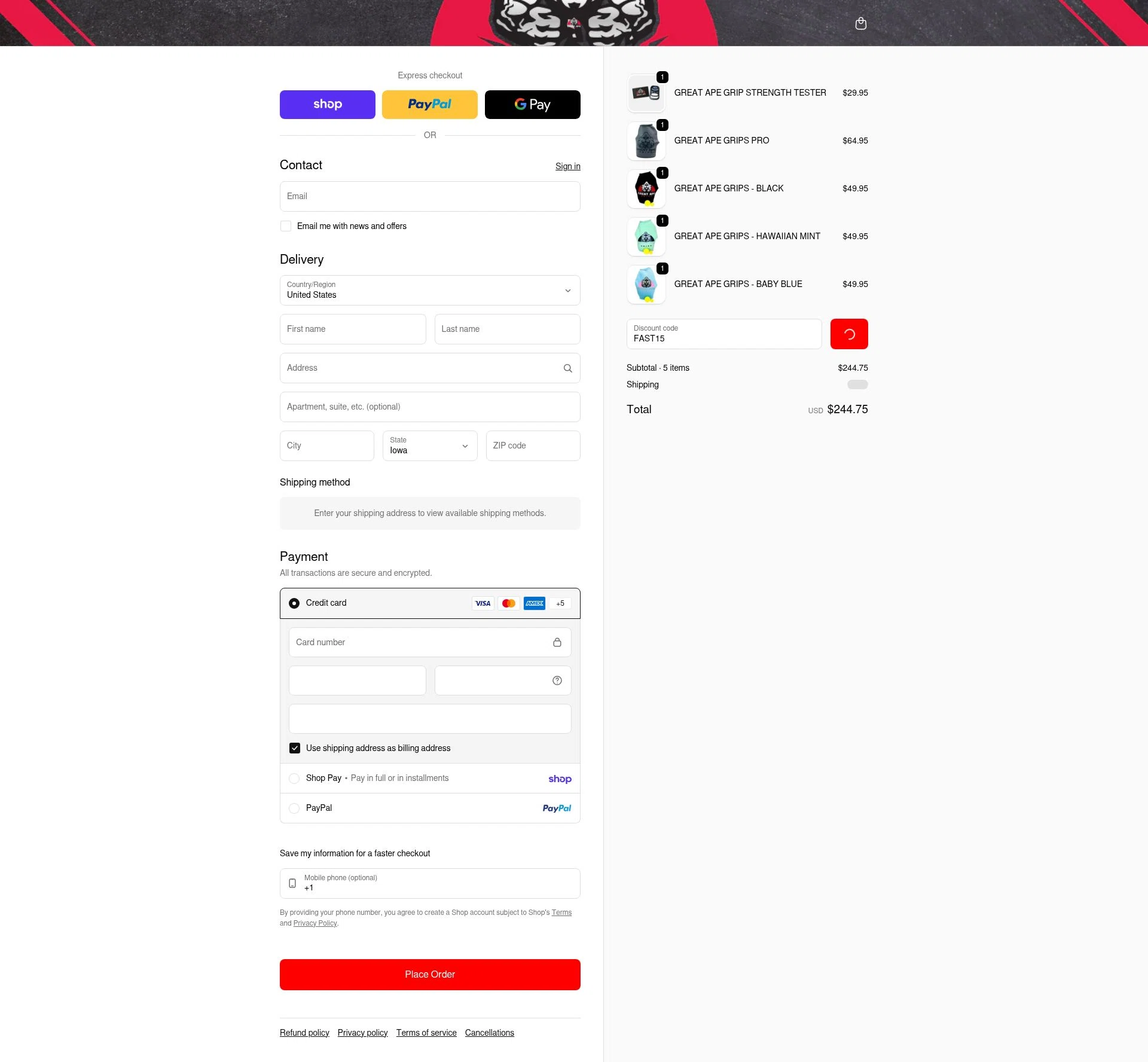Great Ape Grips checkout page showing Great Ape Grips discount code box | Screenshot taken by SimplyCodes community member on Feb 6, 2026