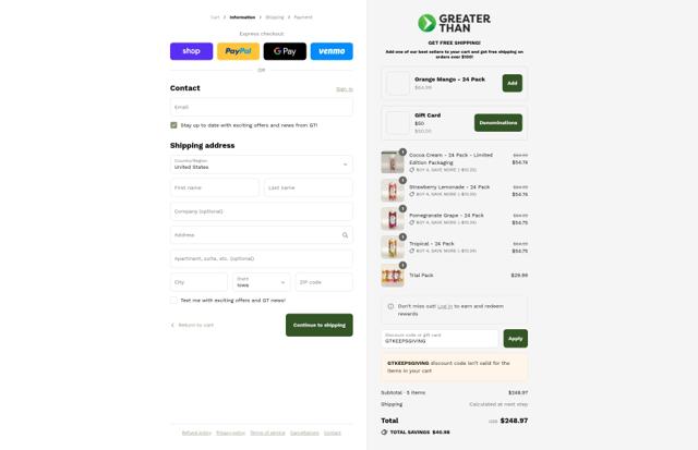 Greater Than Sports Drink checkout page showing Greater Than Sports Drink promo code box | Screenshot taken by SimplyCodes community member on Sep 15, 2025