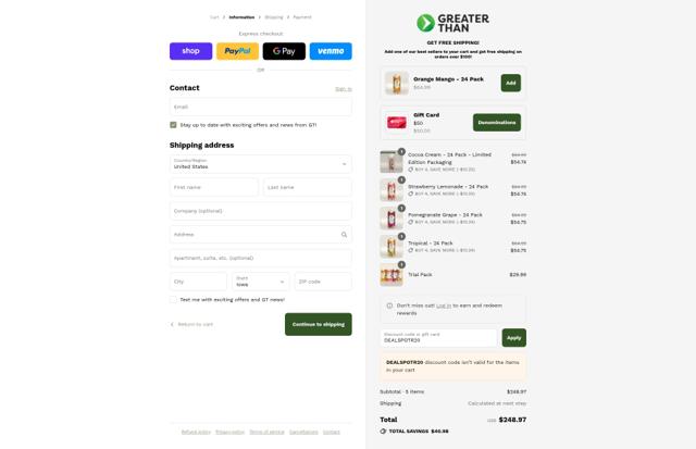 Greater Than Sports Drink checkout page showing Greater Than Sports Drink promo code box | Screenshot taken by SimplyCodes community member on Sep 15, 2025