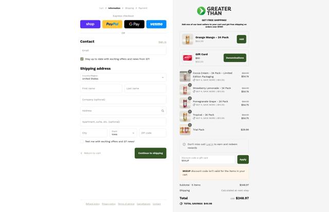 Greater Than Sports Drink checkout page showing Greater Than Sports Drink promo code box | Screenshot taken by SimplyCodes community member on Sep 15, 2025