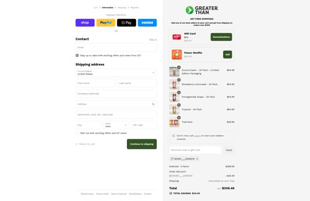 Greater Than Sports Drink checkout page showing Greater Than Sports Drink promo code box | Screenshot taken by SimplyCodes community member on Sep 11, 2025