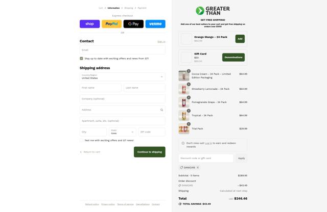 Greater Than Sports Drink checkout page showing Greater Than Sports Drink promo code box | Screenshot taken by SimplyCodes community member on Sep 15, 2025