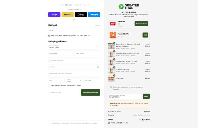 Greater Than Sports Drink checkout page showing Greater Than Sports Drink promo code box | Screenshot taken by SimplyCodes community member on Sep 11, 2025