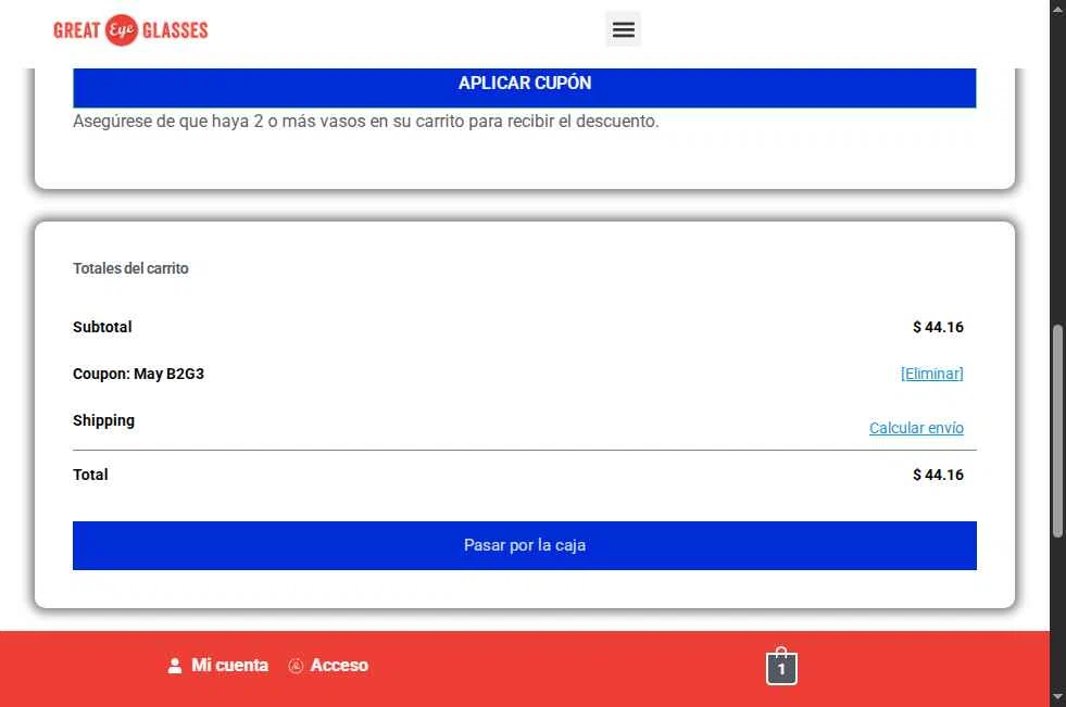 Great Eye Glasses checkout page showing Great Eye Glasses promo code box | Screenshot taken by SimplyCodes community member on Oct 29, 2025