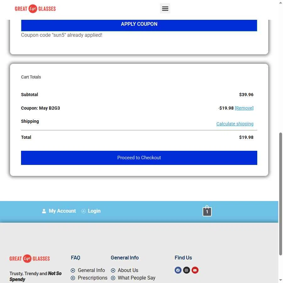 Great Eye Glasses checkout page showing Great Eye Glasses promo code box | Screenshot taken by SimplyCodes community member on Oct 17, 2025