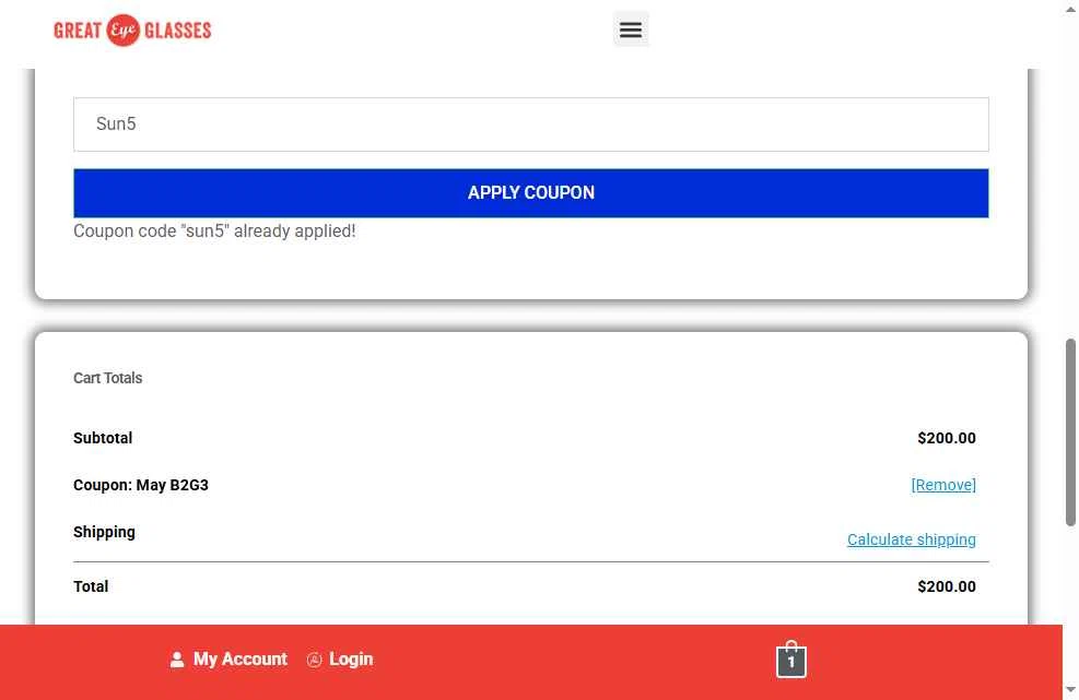 Great Eye Glasses checkout page showing Great Eye Glasses promo code box | Screenshot taken by SimplyCodes community member on Dec 26, 2025