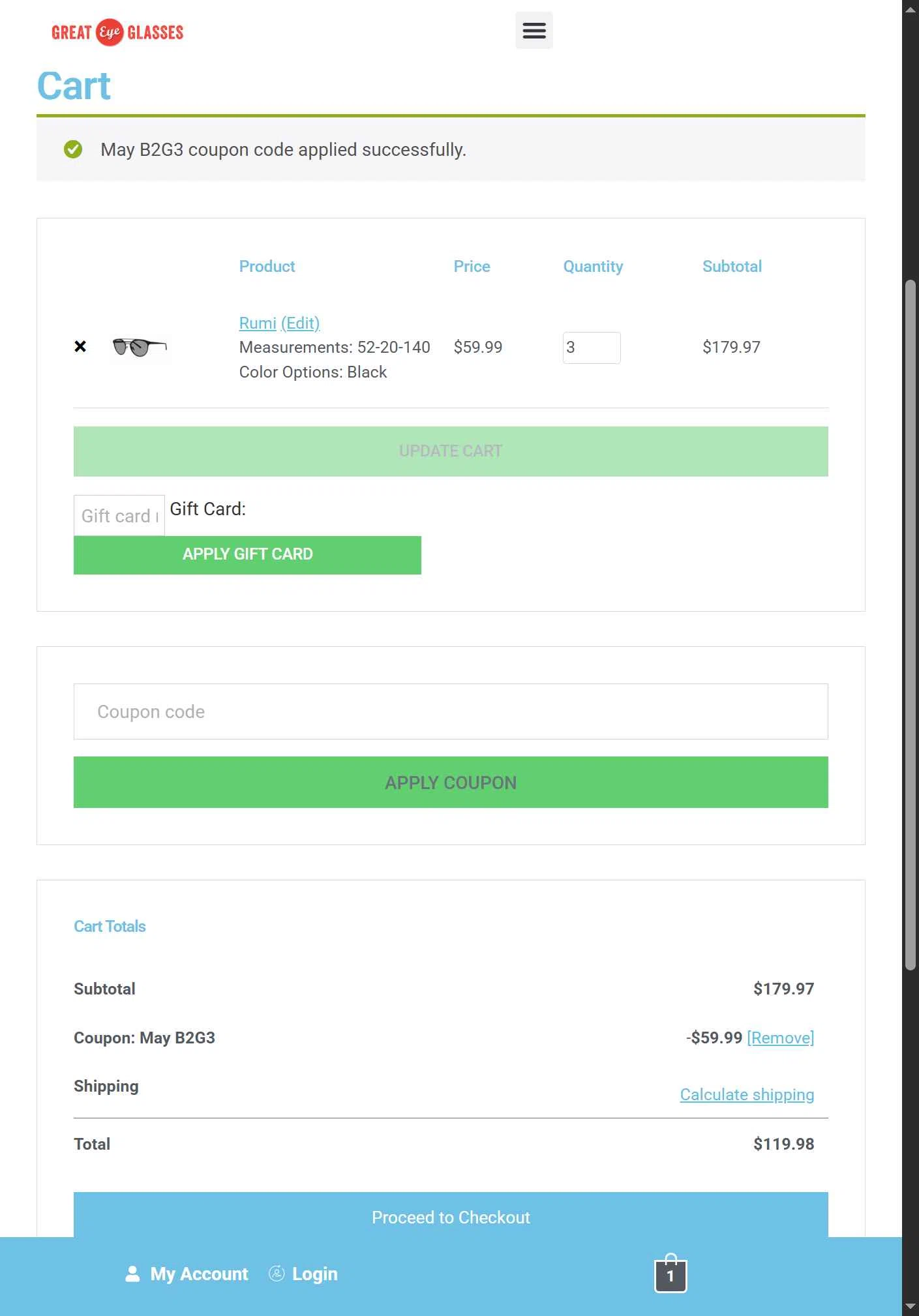 Great Eye Glasses checkout page showing Great Eye Glasses promo code box | Screenshot taken by SimplyCodes community member on Sep 18, 2025