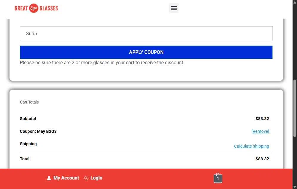Great Eye Glasses checkout page showing Great Eye Glasses promo code box | Screenshot taken by SimplyCodes community member on Oct 29, 2025