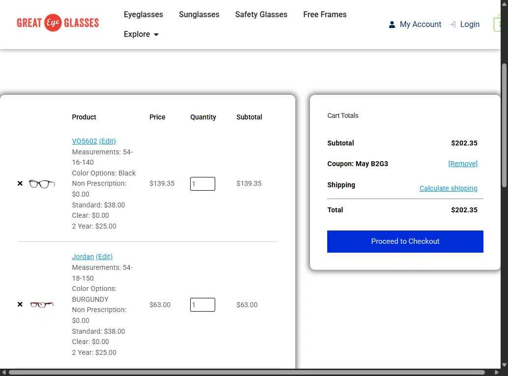 Great Eye Glasses checkout page showing Great Eye Glasses promo code box | Screenshot taken by SimplyCodes community member on Nov 27, 2025