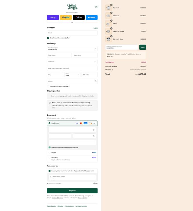 Great Jones checkout page showing Great Jones discount code box | Screenshot taken by SimplyCodes community member on Sep 6, 2025