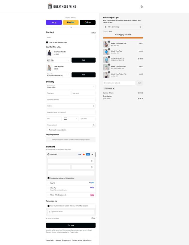 Greatness Wins checkout page showing Greatness Wins discount code box | Screenshot taken by SimplyCodes community member on Sep 12, 2025
