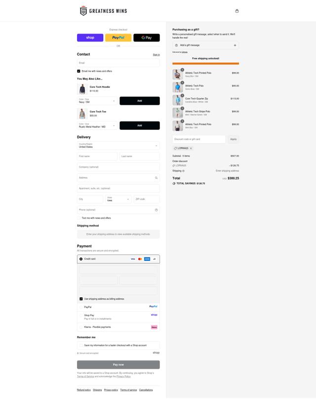 Greatness Wins checkout page showing Greatness Wins discount code box | Screenshot taken by SimplyCodes community member on Sep 12, 2025